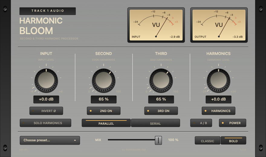 Harmonic Bloom Premium harmonics plugin with dual VU meters, Second and Third controls, Harmonics gain and Solo, Classic and Bold modes with serial and parallel routing